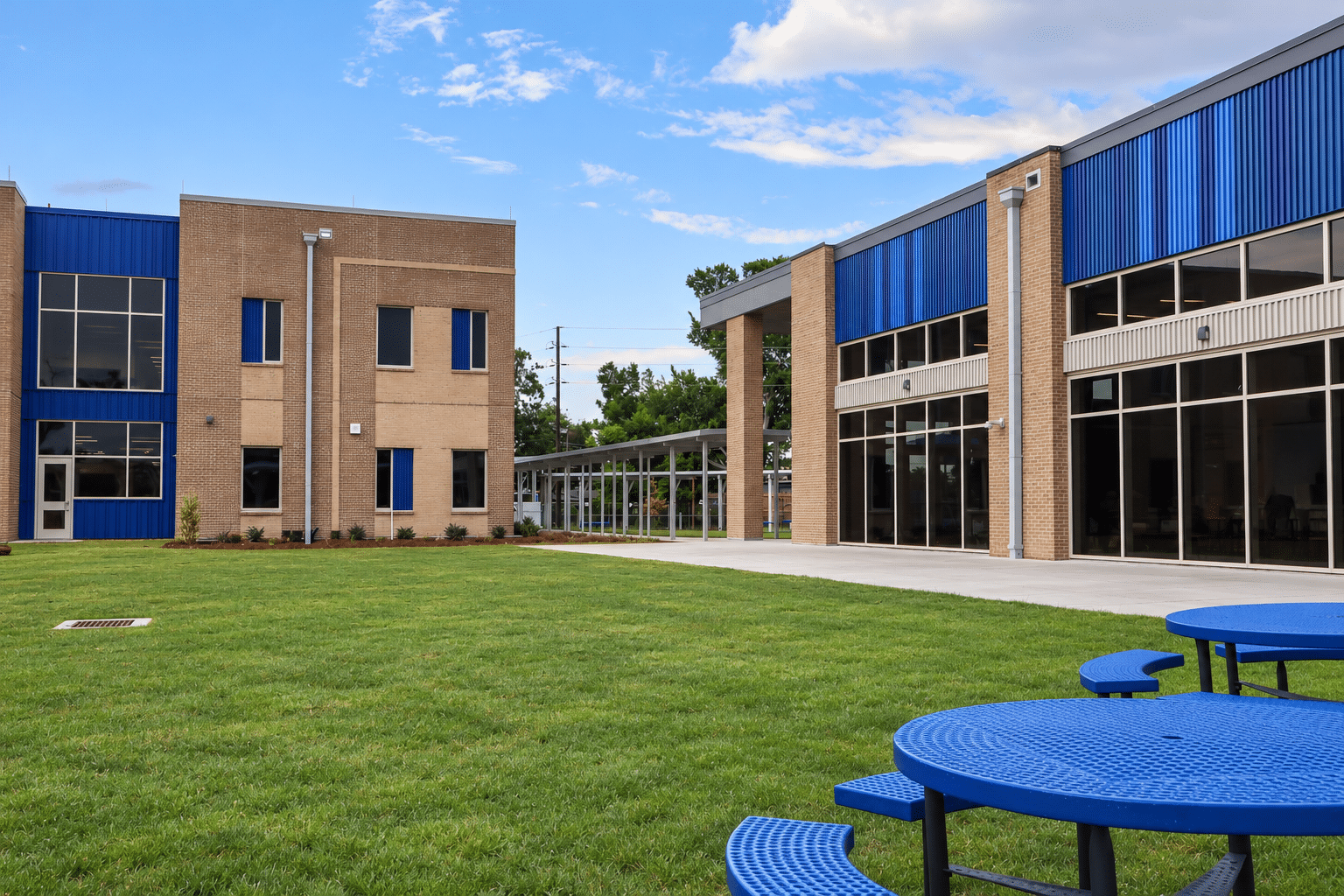 Modern Campus Courtyard with Blue Picnic Tables
